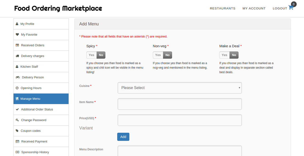 Add Menu For Restaurants
