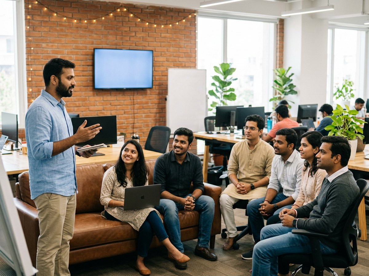 An Indian software team gathered around a colleague presenting in a bright, modern office