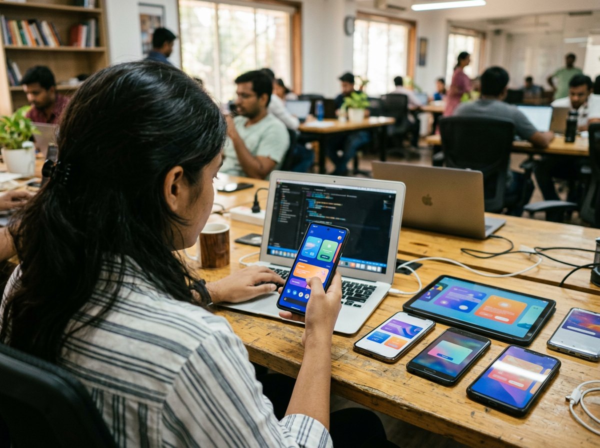 LogicSpice app developers testing a startup app on phones and tablets